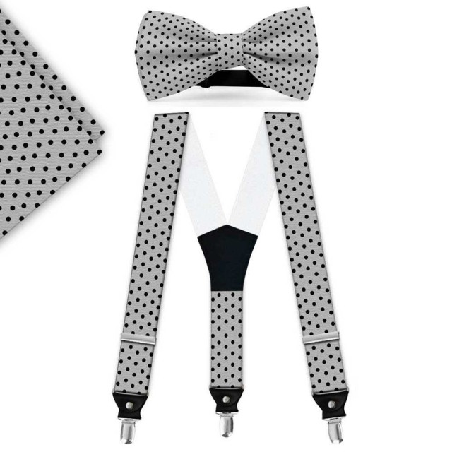 Set papion, batista, bretele, gri,  buline negre mici